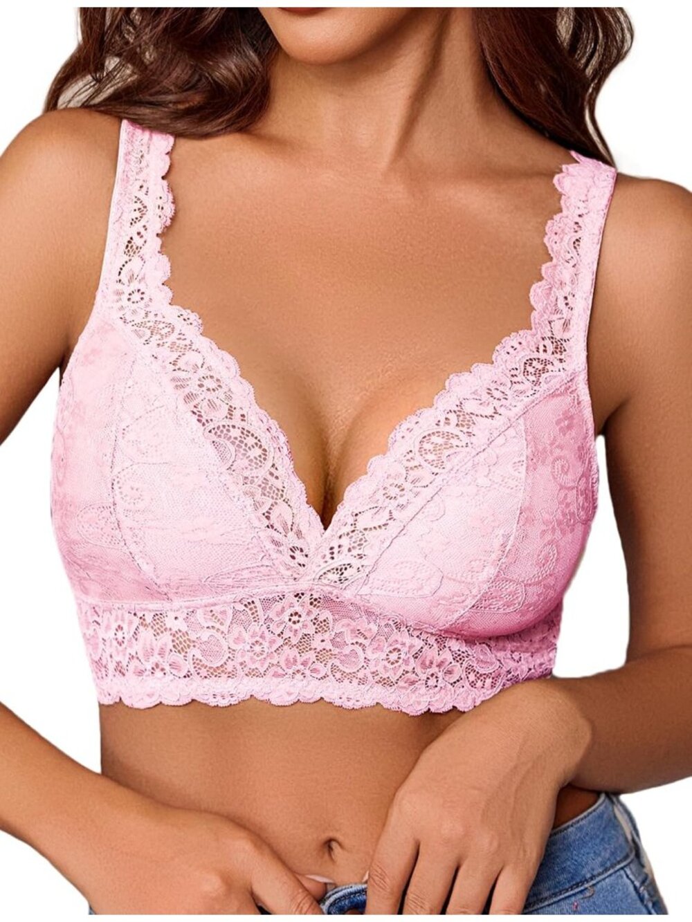 🆕Women's Pink Lace Braclettes V Neck Wireless Bras Unlined Basic Comfy